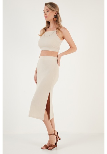 Lela Yüksek Bel Yırtmaçlı Dar Kesim Midi Bayan Etek 5865600 Taş