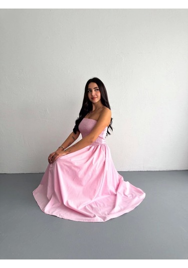 Straplez Pileli Elbise - Pembe Pembe
