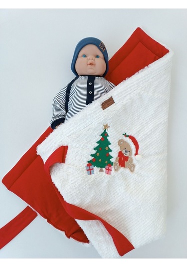 Kışlık Bebek Battaniyesi & Kundağı - Çam Ağacı & Ayıcık Işlemeli Hastane Çıkışı - Yeni Yıla Özel Kırmızı