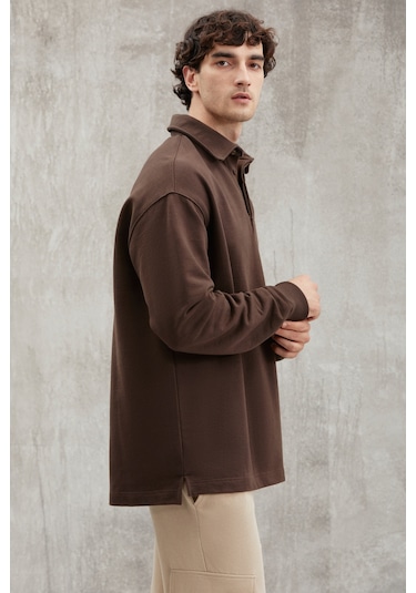 John  Erkek Polo Sweat Gömlek Yakalı Arkası Uzun Yırtmaçlı Diagonel Kumaşlı Koyu Kahverengi Sweatshir