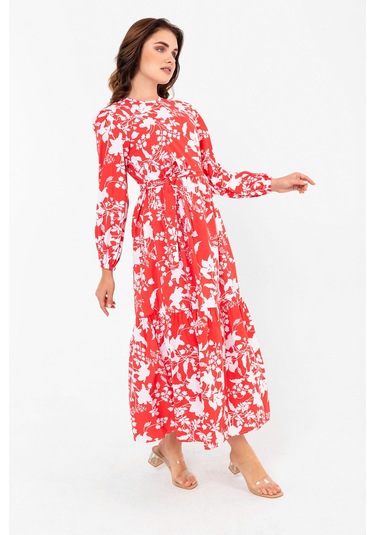 Yaprak Desenli Renkli Pamuklu Yazlık Baharlık Kuşaklı Elbise 2101 Kırmızı