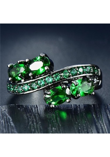 Zarif Oval Kesim Mavi Cz Taş Alyans Siyah Altın Takı Hediye Boyutu 5-11 6 Yeşil