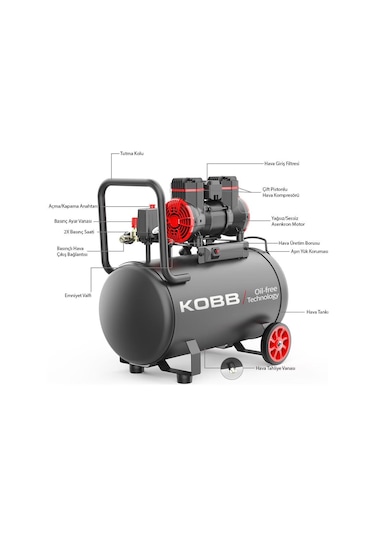 Kobb Kbk50s 2.0hp 50lt 8bar Yağsız Sessiz Taşınabilir Hava Kompresörü
