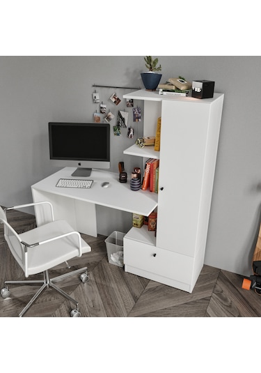 Merlin Mobilya Minör Çalışma Masası Ve 7 Bölmeli Kitaplık Beyaz