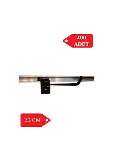200 Adet 20 cm Kanallı Pano Kancası Raf Askısı Siyah