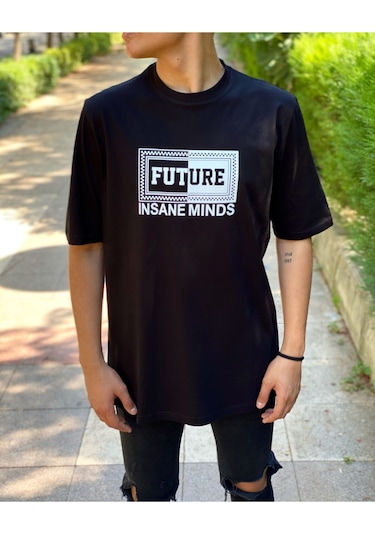 Insane Minds Future Baskılı Siyah Oversize Tişört Siyah