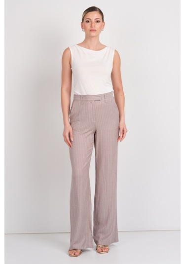 Ayhan Kadın Çizgili Cepli Keten Pantolon 1197 Kahverengi Kahverengi