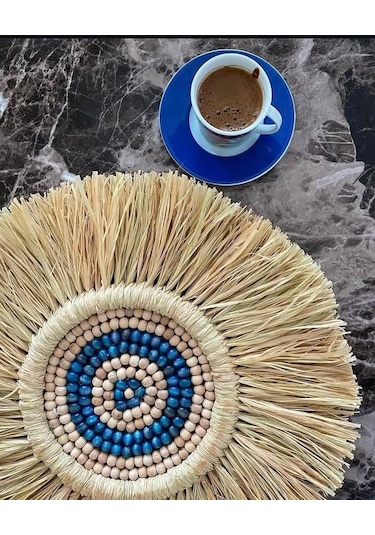 Rafya Mavi Ahşap Boncuklu Duvar Aksesuar Süsü
