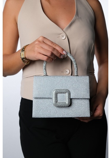 Valeria Gümüş Simli Taşlı Kadın El Çantası Gümüş Sim