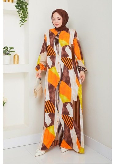 Milaz Boydan Düğmeli Dokuma Viskon Elbise 1501 - Turuncu Turuncu
