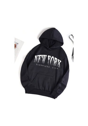 New York Sleepless Sweatshirt - Siyah Baskılı Oversize Kapüşonlu Siyah