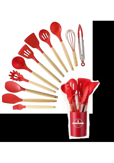 Tilbe Home 12'li Silikon Kevgir Kepçe Kaşık Fırça Spatula Çırpıcı Maşa Servis Seti Bambu Kırmızı Mut