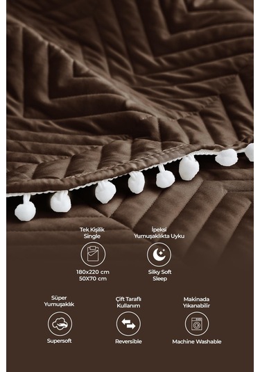Evlen Home Ponponlu %100 Pamuk Tek Kişilik Günlük Yatak Örtüsü Pike Takımı Seti Koyu Kahve
