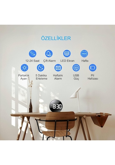 Hymark Yuvarlak Siyah Dijital Led Masa Saati Usb Güç Saat Ertelem