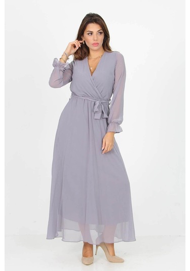 Dipmoda Kadın Kruvaze Yaka Bağlama Detaylı Yeni Sezon Uzun Şifon Elbise Kts003 Gri