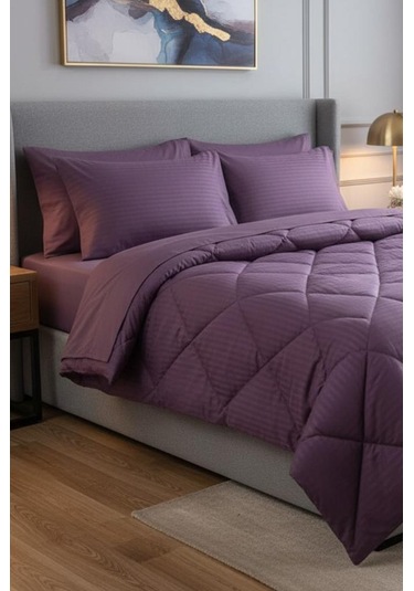 Satin Pollysaten Comforter Çift Kişilik Yorgan Seti Mürdüm Mürdüm