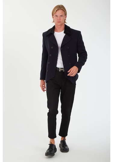 Sposo1702 Yaka Çıkmalı Kruvaze Yünlü Kaşe Lacivert Erkek Kısa Kaban Lacivert