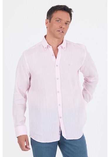 Uzun Kol Düz Keten Düğmeli Yaka Cepsiz Casual Comfort Fit Gömlek 1004250114 Pudra