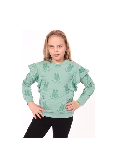 Kız Çocuk Regular Fit Bisiklet Yaka Fırfırlı Baskılı Sweatshirt - 2 İplik Yeşil