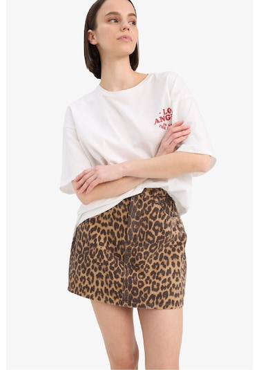 DeFacto Coool Leopar Desenli Normal Bel Gabardin Mini Etek E4398AX25SPBN164 Kahve