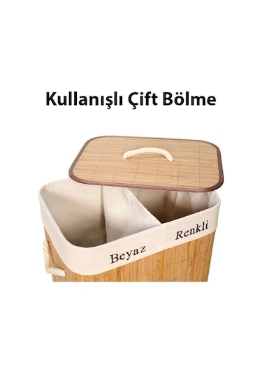 Ezere Bambu Naturel Hasır Çift Bölmeli Katlanabilir Kirli Çamaşır Sepeti 100 Lt Bej