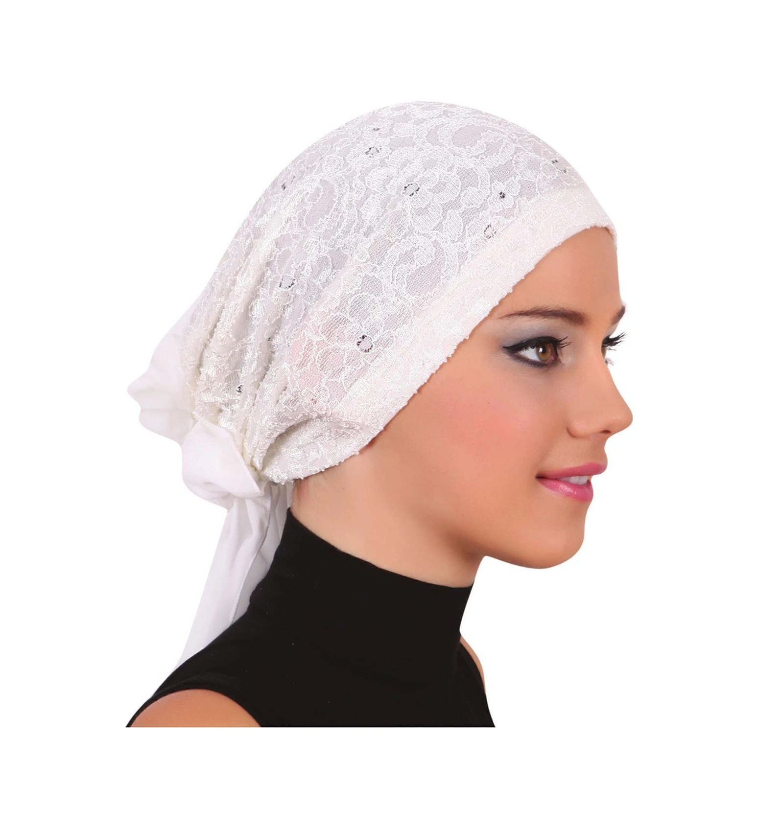 Dantel Tüllü Krem Hazır Türban Tesettür Bone Krem