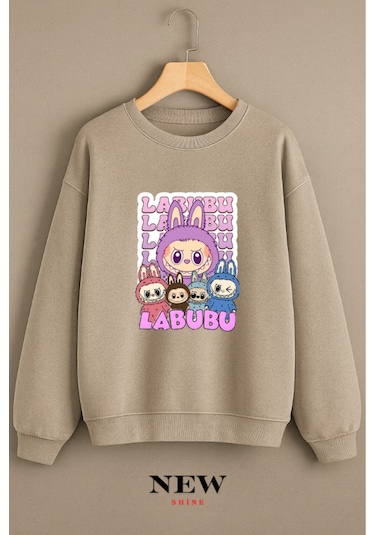 Labubu Baskılı Bisiklet Yaka Sweatshirt Taş Rengi
