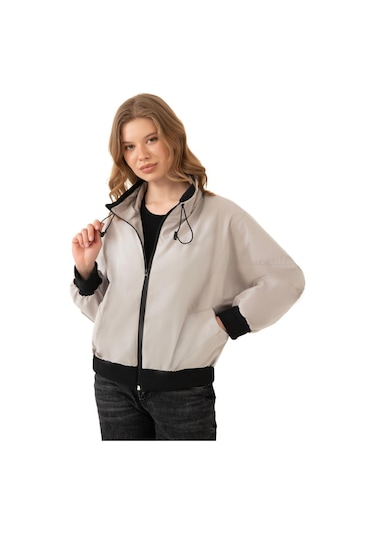 Spor Kadın Dik Yaka Su Ve Rüzgar Geçirmez Oversize Crop Mevsimlik Yağmurluk Rüzgarlık Taş