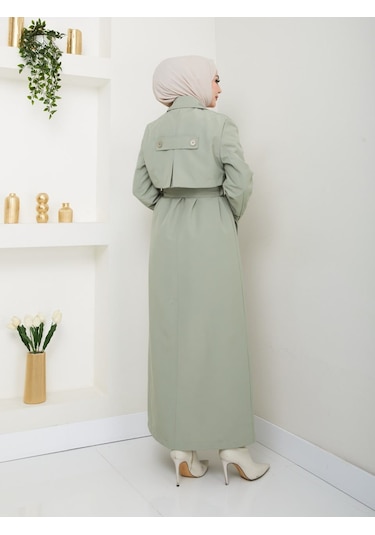Amazon Keten Kumaş Uzun Boy Düğmeli Astarlı Yumuşak Dokulu Trenç Kot Mint Yeşil Mint Yeşili