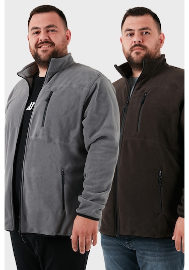 Buratti Regular Fit Dik Yaka Fermuarlı Büyük Beden 2'Li Paket Polar Erkek Hırka 5906028Bs2 Antrasit-Gri