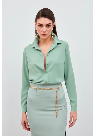 Sateen Düz Klasik Gömlek - Mint Mint Yeşili
