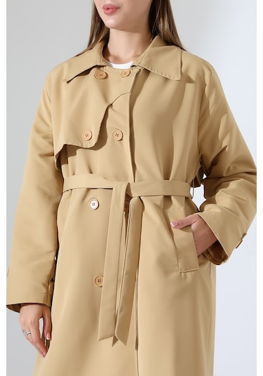 Amazon Keten Kumaş Uzun Boy Düğmeli Astarlı Yumuşak Dokulu Trenç Kot Camel CAMEL