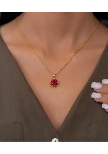 Bayar Gold 14 Ayar Altın Kırmızı Taşlı Telkari Kolye Sarı Altın