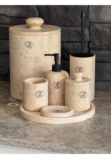 Yeni Traverten Doğaltaş Kendinden Kulplu 7'li Banyo Seti Büyük Çöp Kovalı 26x20 Beyaz