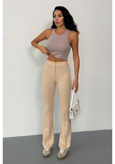 Krep Kumaş Likralı Önü Çimalı Kahverengi Kadın Palazzo Pantolon Bej