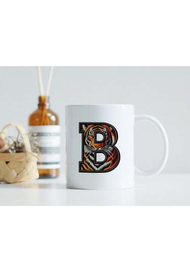 B Harfi Kaplan Figürlü Nakış Desenli Kupa Bardak - Kişiye Özel Vahşi Hayvan Desenli Kupa - Hediye 07 Beyaz