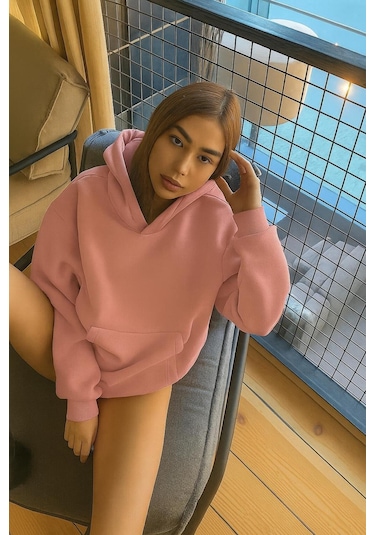 Benroma 3 İplik Penye Düz Renk Unısex Sweatshırt Pembe