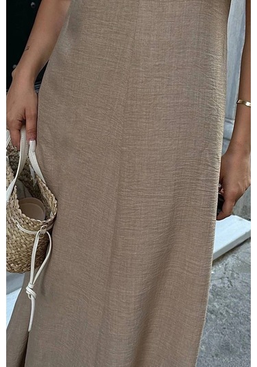 Esilamoda Kadın Bej İp Askılı Keten Elbise