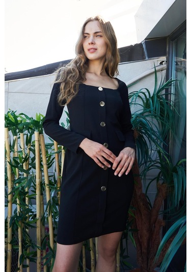 Kadın Likralı Krep Kumaş Kare Yaka Uzun Kol Önü Düğmeli Ofis Ceket Elbise-siyah Siyah