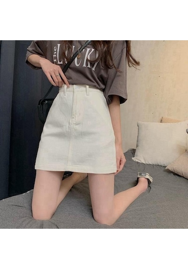 Kayısı Yaz Retro Basit Yüksek Bel Kot Etek Kadın Evaze Elbise Moda Yarım Uzunlukta Rahat Kısa Kot Pantolon Etek Kayısı