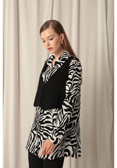 Saklımoda Viskon Kumaş Yelekli Kadın Zebra Gömlek Çok Renkli