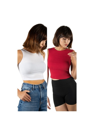 2'li Paket Beyaz Kırmızı Fitted/vücuda Oturan Crop Halter Yaka Fitilli Esnek Örme Bluz Atlet Beyaz Kırmızı