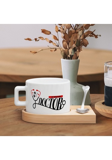 Bk Gift Kişiye Özel İsimli Doktor Tasarımlı-5, Ahşap Altlıklı Seramik Fincan, Meslek Hediyesi, Yeni İş Hediyesi Kobitmeyen137934 Bk Gift