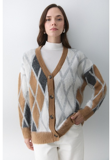 Camel Kemik Baklava Desenli Hırka - 251090 Camel