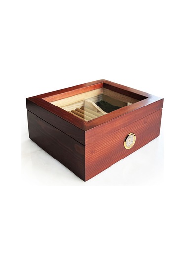 Mezmob Masif Yerli Sedir Ağacı Humidor Puro Kutusu Camlı 2 Bölmeli