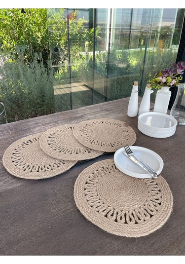 4 Kişilik Yuvarlak Amerikan Servis Özel Tasarım Jüt 33 X 33 Cm Natural