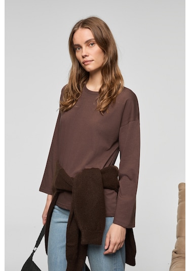 Grımelange Basıl Kadını Oversize %100 Organik Pamuk Örme Uzun Kol Koyu Kahverengi T-shirt Koyu Kahverengi