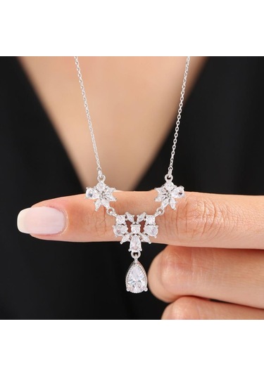 Mia vento Pırlanta Montür Işıltılı Damlalar Flowers Gümüş Kolye