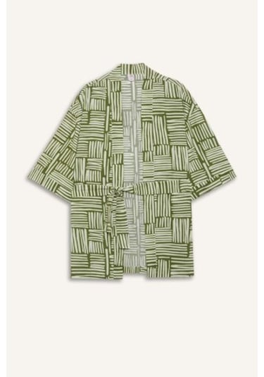 Defacto Regular Fit Desenli Kuşaklı Pamuklu Kimono-fall İn Love D0453ax25spkh451 Haki