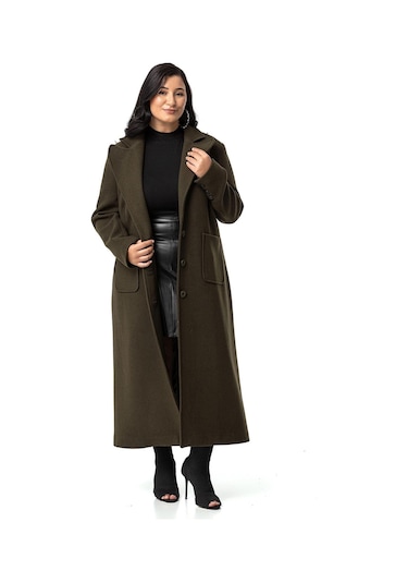 Büyük Beden Ceket Yaka Torba Cepli Astarlı Uzun Haki Kaşe Kaban-haki Haki